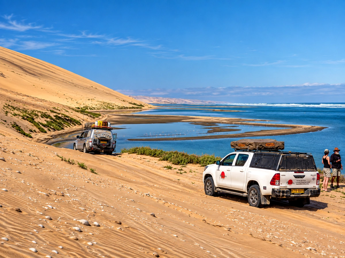 4x4 expedition vehicle among Angola dunes near the Atlantic coast