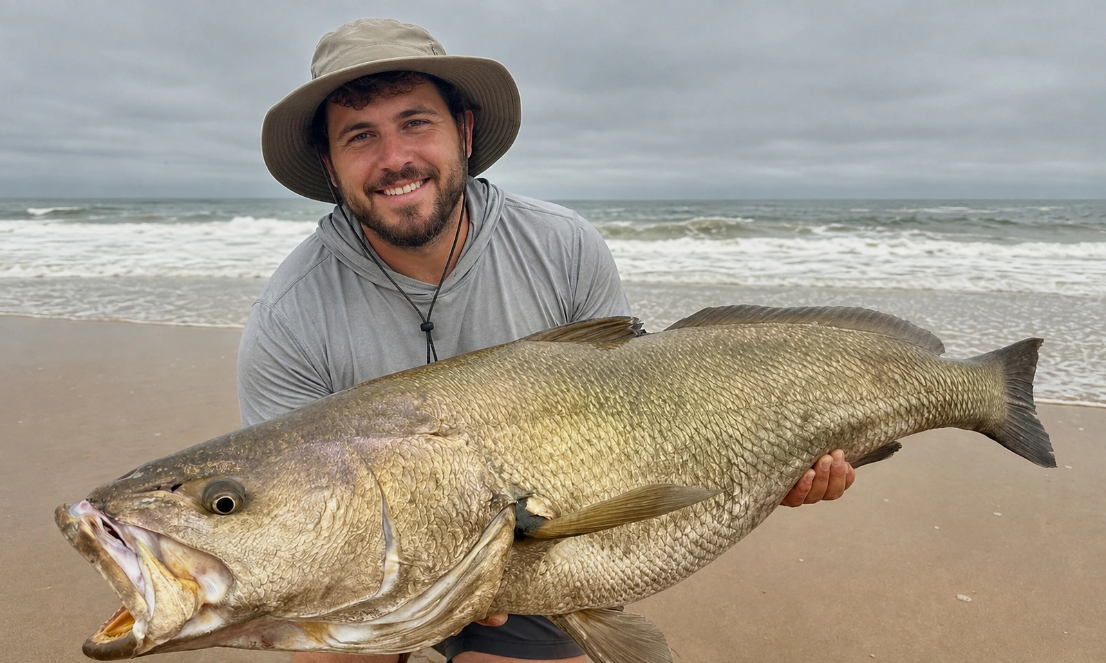 Angler holding a large fish on an Angola beach
