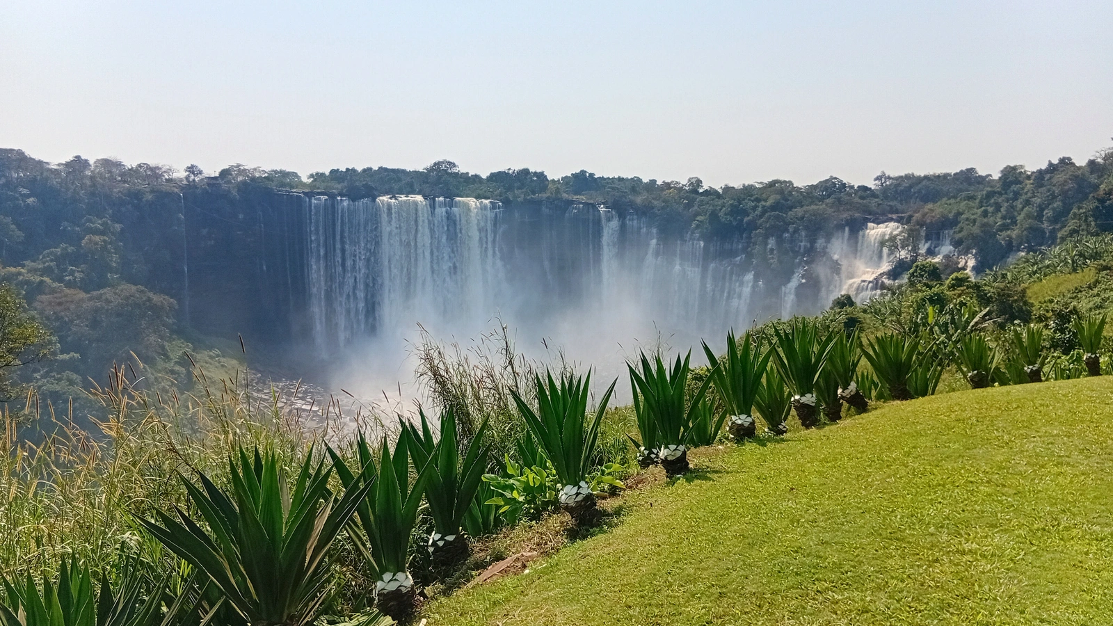 Wide waterfall surrounded by green vegetation