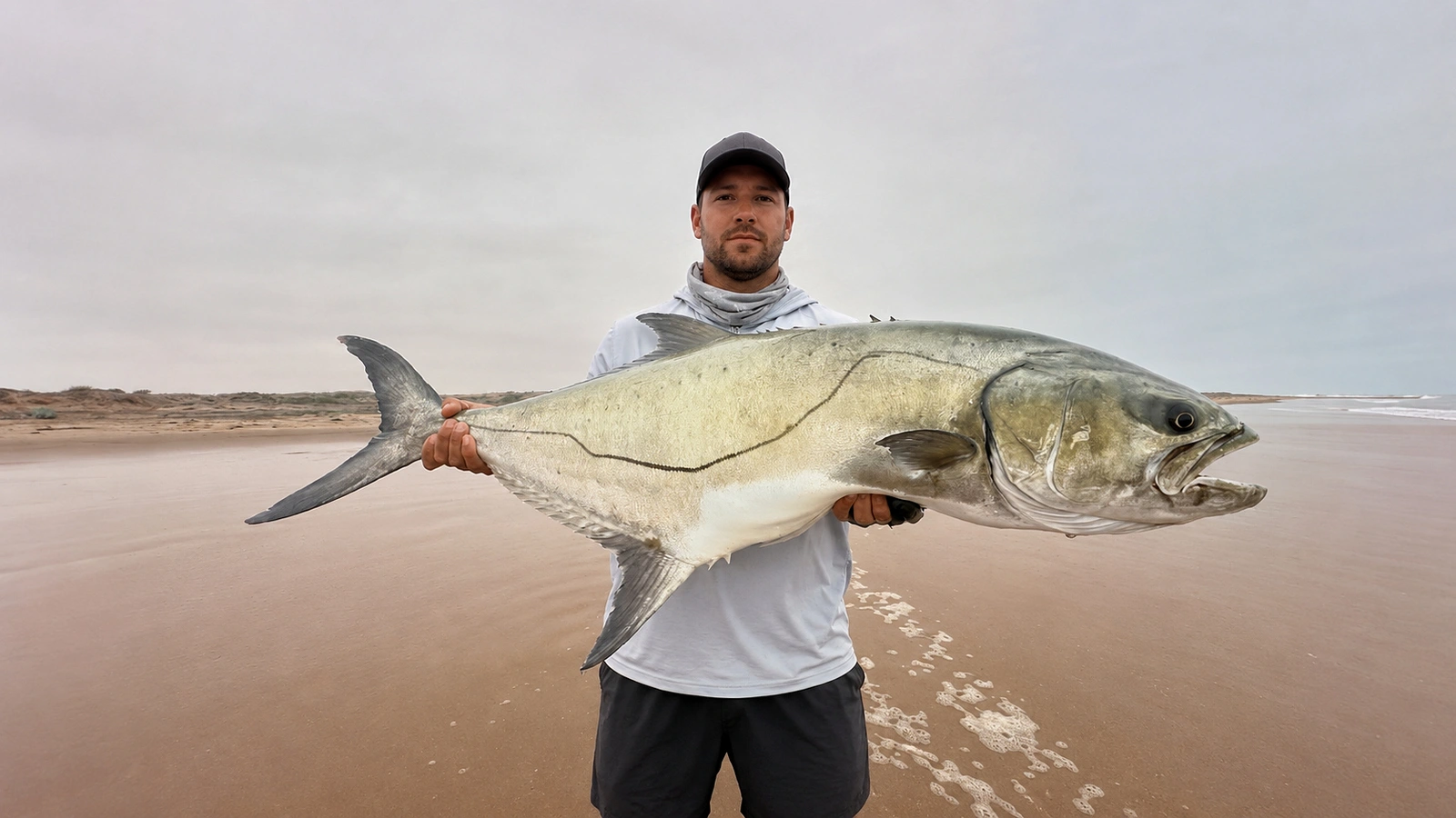 Angler holding a silver fish on the beach